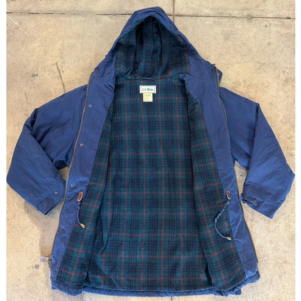 LL Bean Cotton Nylon Baxter State Parka XL Navy Blue Wool Plaid Lined Vintage